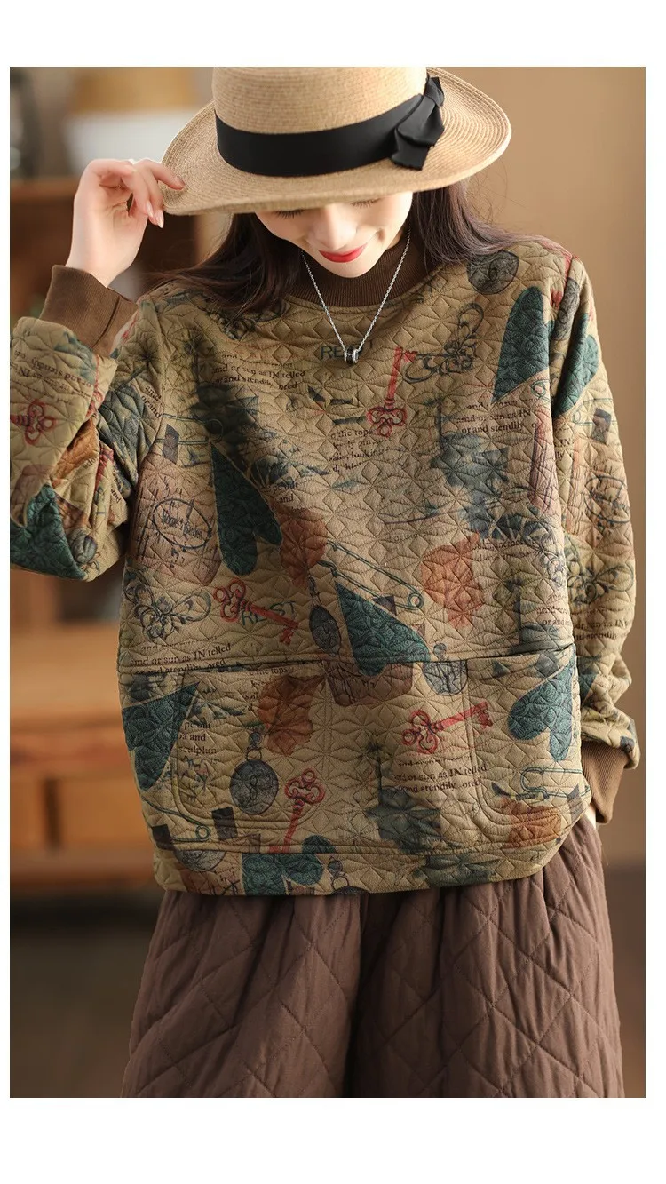Vintage Print Cotton Linen Women Sweatshirt Fashion Patchwork Thicken Loose Pockets Literary Elegant Simple Cozy Female Pullover