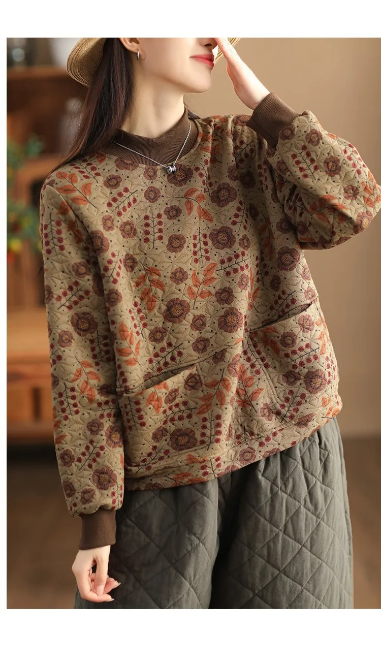 Vintage Print Cotton Linen Women Sweatshirt Fashion Patchwork Thicken Loose Pockets Literary Elegant Simple Cozy Female Pullover