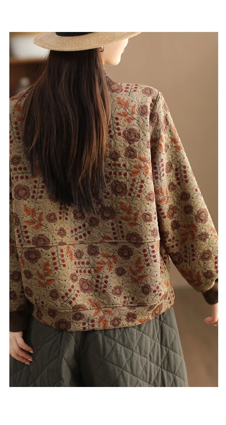 Vintage Print Cotton Linen Women Sweatshirt Fashion Patchwork Thicken Loose Pockets Literary Elegant Simple Cozy Female Pullover