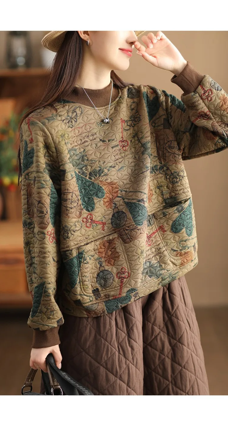 Vintage Print Cotton Linen Women Sweatshirt Fashion Patchwork Thicken Loose Pockets Literary Elegant Simple Cozy Female Pullover