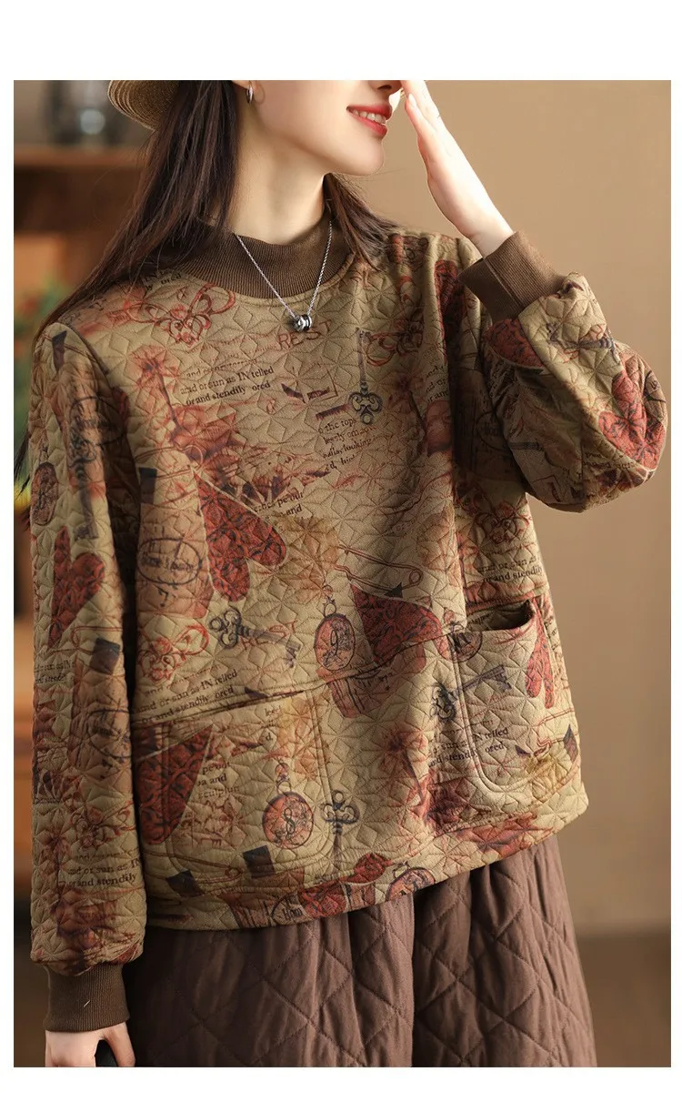 Vintage Print Cotton Linen Women Sweatshirt Fashion Patchwork Thicken Loose Pockets Literary Elegant Simple Cozy Female Pullover