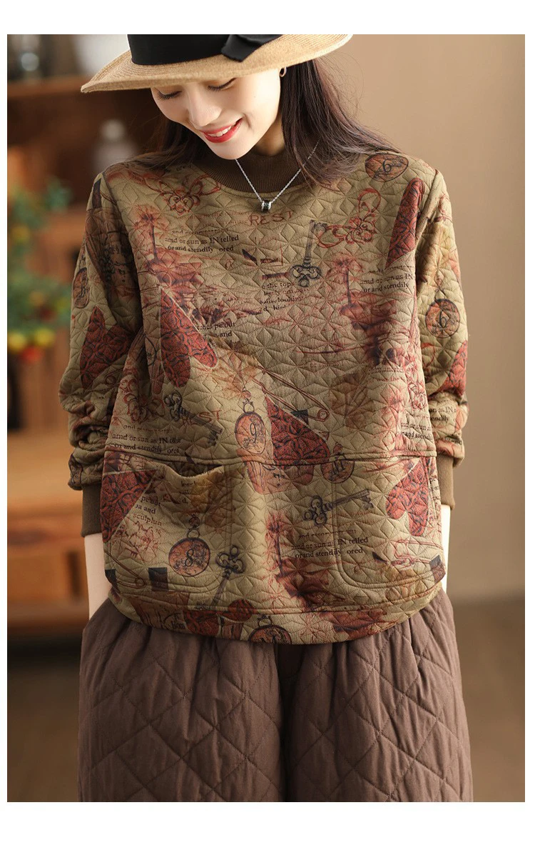 Vintage Print Cotton Linen Women Sweatshirt Fashion Patchwork Thicken Loose Pockets Literary Elegant Simple Cozy Female Pullover