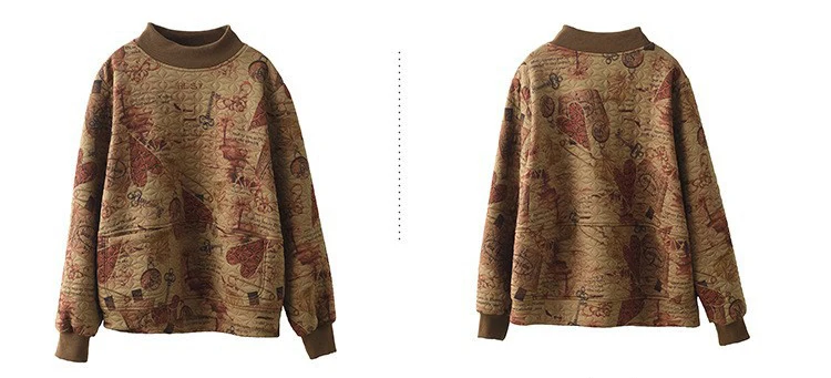Vintage Print Cotton Linen Women Sweatshirt Fashion Patchwork Thicken Loose Pockets Literary Elegant Simple Cozy Female Pullover