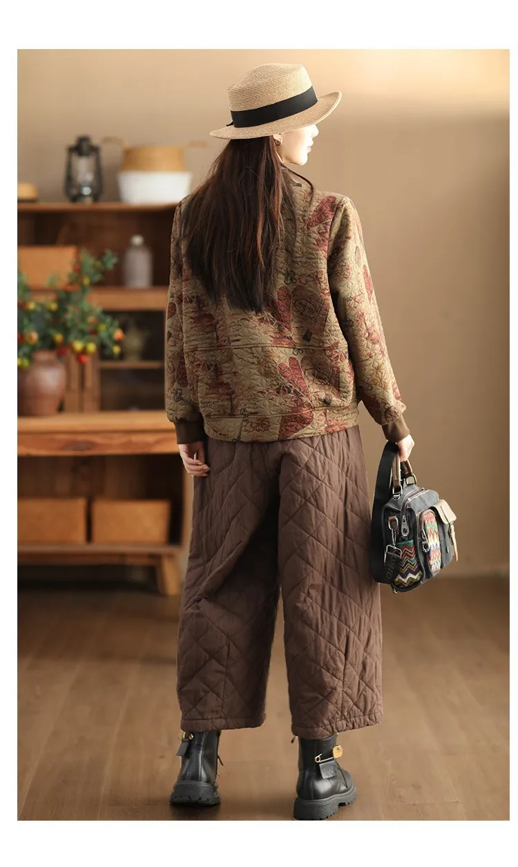 Vintage Print Cotton Linen Women Sweatshirt Fashion Patchwork Thicken Loose Pockets Literary Elegant Simple Cozy Female Pullover
