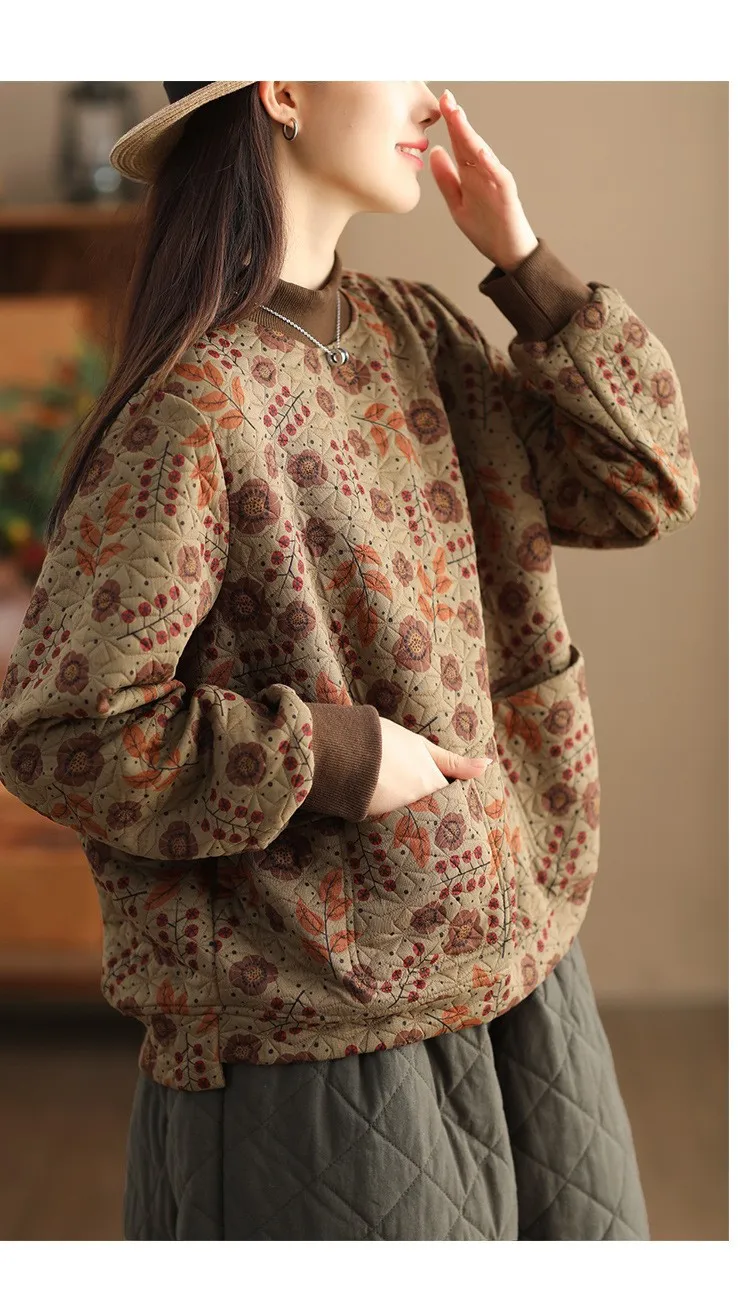 Vintage Print Cotton Linen Women Sweatshirt Fashion Patchwork Thicken Loose Pockets Literary Elegant Simple Cozy Female Pullover