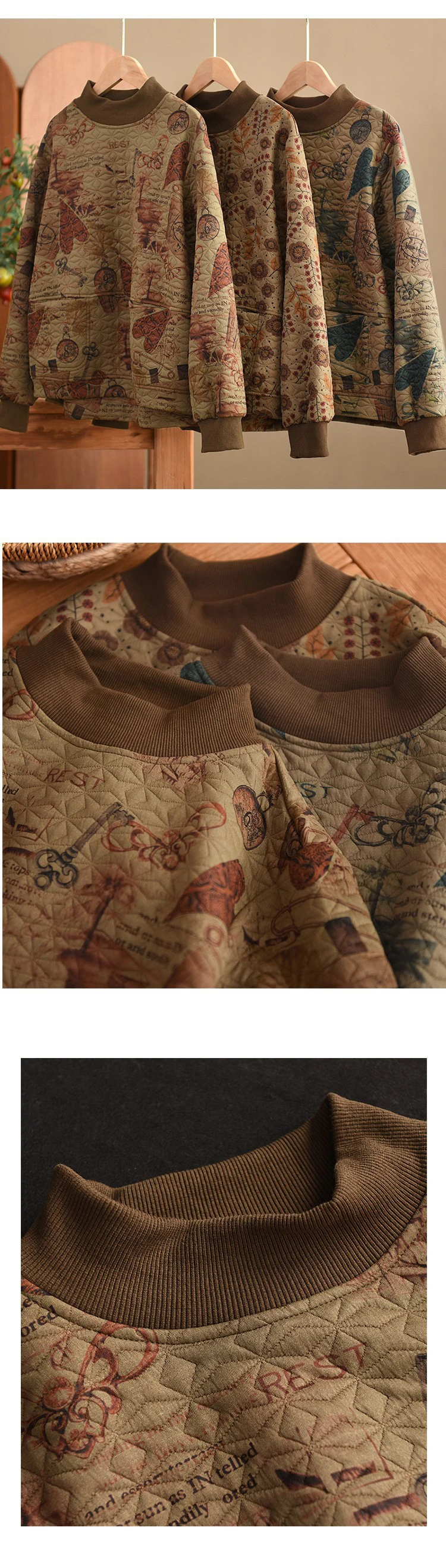 Vintage Print Cotton Linen Women Sweatshirt Fashion Patchwork Thicken Loose Pockets Literary Elegant Simple Cozy Female Pullover