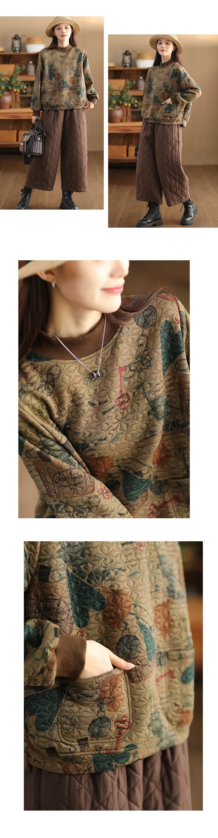 Vintage Print Cotton Linen Women Sweatshirt Fashion Patchwork Thicken Loose Pockets Literary Elegant Simple Cozy Female Pullover