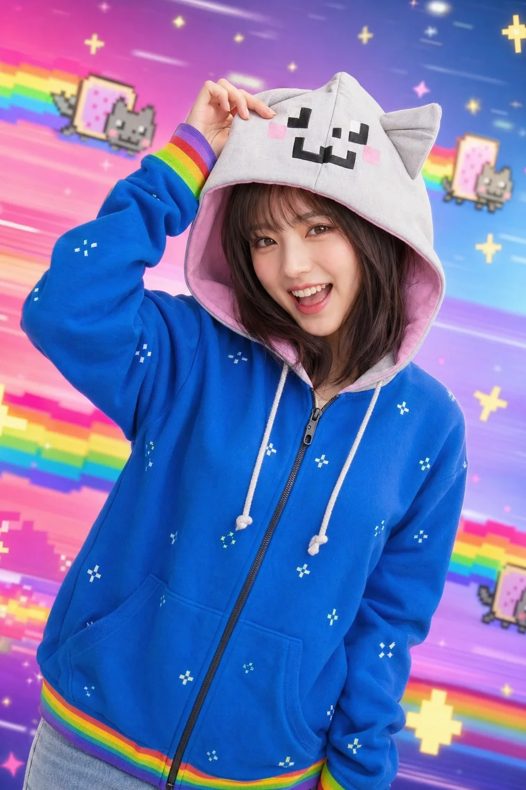 Blue Rainbow Cat Ear Zip Up Hoodie Y2K Streetwear Vintage Oversized Cotton Urban Hip Hop Fashion Casual Unisex