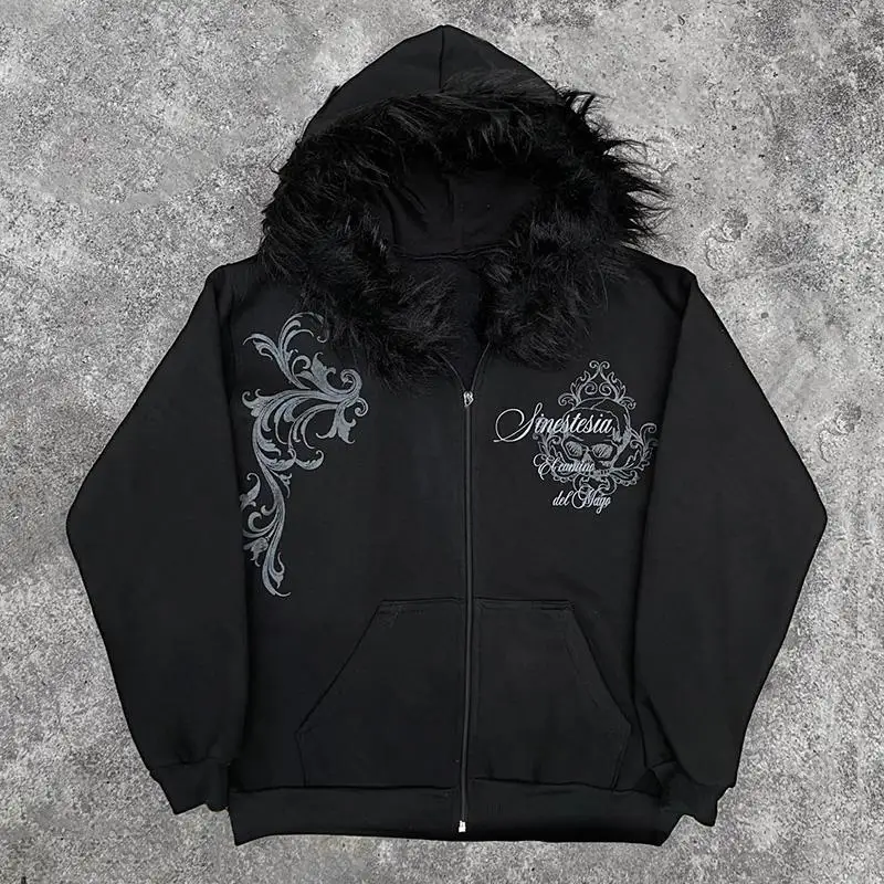 Dark Faux Fur Collar Harajuku Punk Y2K Zip up hoodie High street Skull Zipper Hoodie sweatshirt Retro Hip Hop Top Gothic Jacket