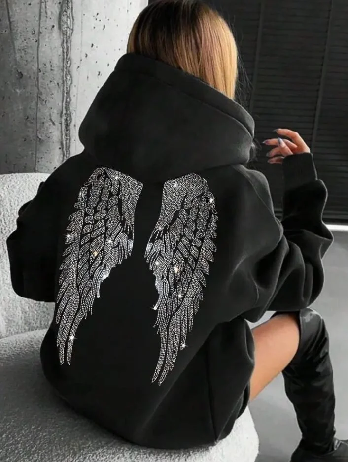 2026 Glitter Angel Wings Hoodie Women's Street Loose Long Sleeve White Pullover Fashionable 2000 Harajuku Casual Sweatshirt