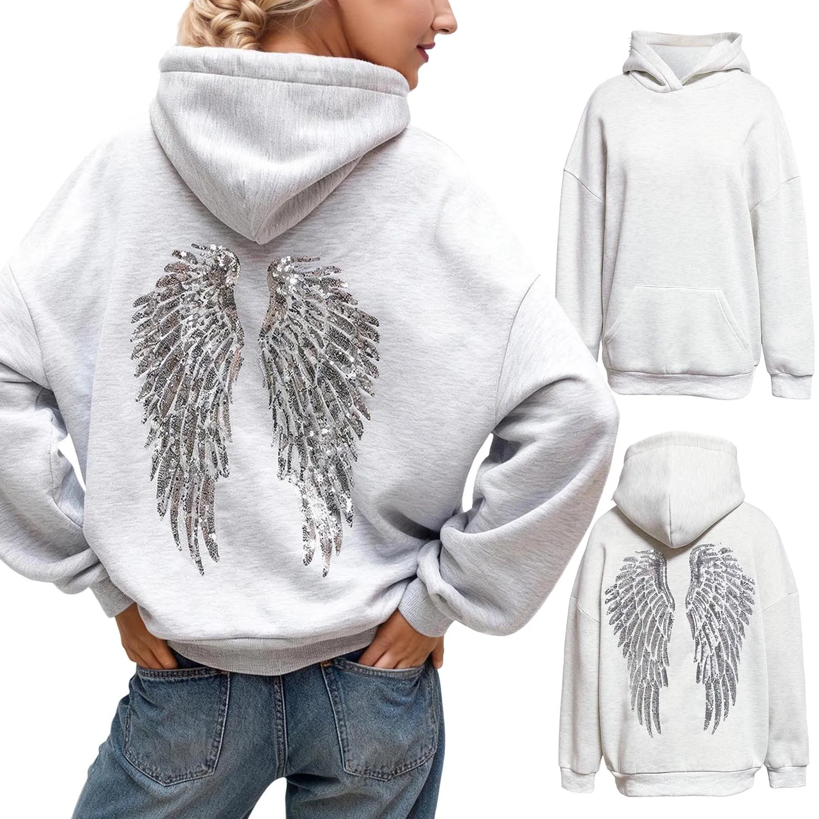 2026 Glitter Angel Wings Hoodie Women's Street Loose Long Sleeve White Pullover Fashionable 2000 Harajuku Casual Sweatshirt