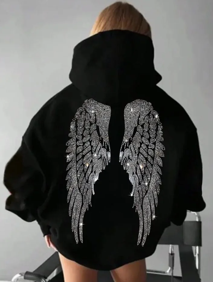 2026 Glitter Angel Wings Hoodie Women's Street Loose Long Sleeve White Pullover Fashionable 2000 Harajuku Casual Sweatshirt