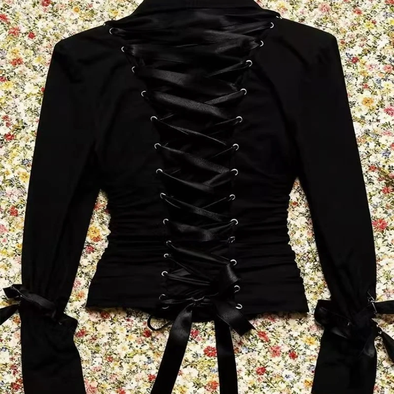 Gothic Y2k Subculture Vintage Jackets Women Harajuku Y2K Metal Buckle Belt Slim Bandage Shirts New Dark Punk Top Female Clothing
