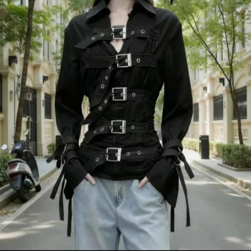 Gothic Y2k Subculture Vintage Jackets Women Harajuku Y2K Metal Buckle Belt Slim Bandage Shirts New Dark Punk Top Female Clothing