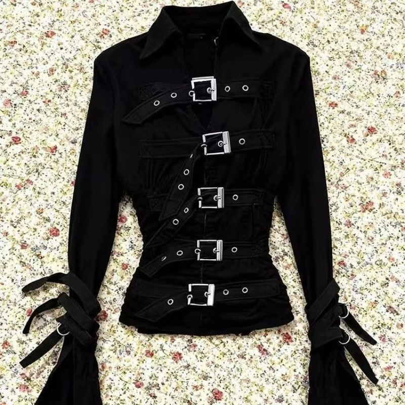 Gothic Y2k Subculture Vintage Jackets Women Harajuku Y2K Metal Buckle Belt Slim Bandage Shirts New Dark Punk Top Female Clothing