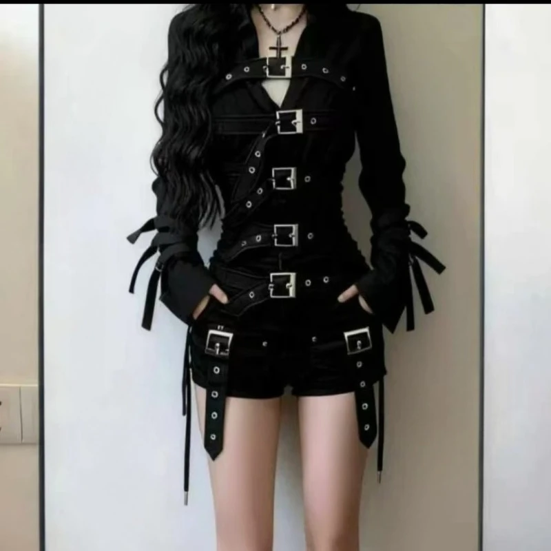 Gothic Y2k Subculture Vintage Jackets Women Harajuku Y2K Metal Buckle Belt Slim Bandage Shirts New Dark Punk Top Female Clothing