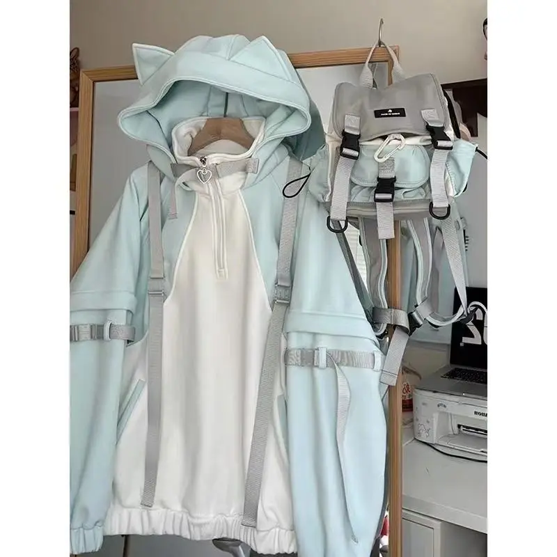 Japanese Oversized Hoodies Women 2025 Ropa Mujer Contrast Color Streetwear Chic Sweet Sweatshirts Hooded Casual Hoodie Y2k Tops