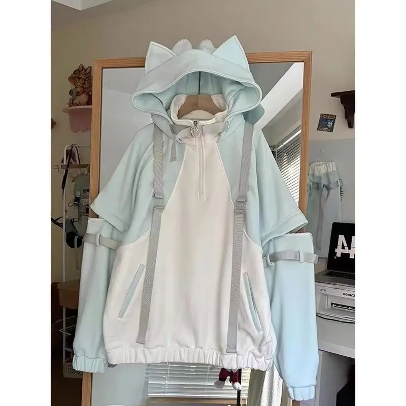 Japanese Oversized Hoodies Women 2025 Ropa Mujer Contrast Color Streetwear Chic Sweet Sweatshirts Hooded Casual Hoodie Y2k Tops