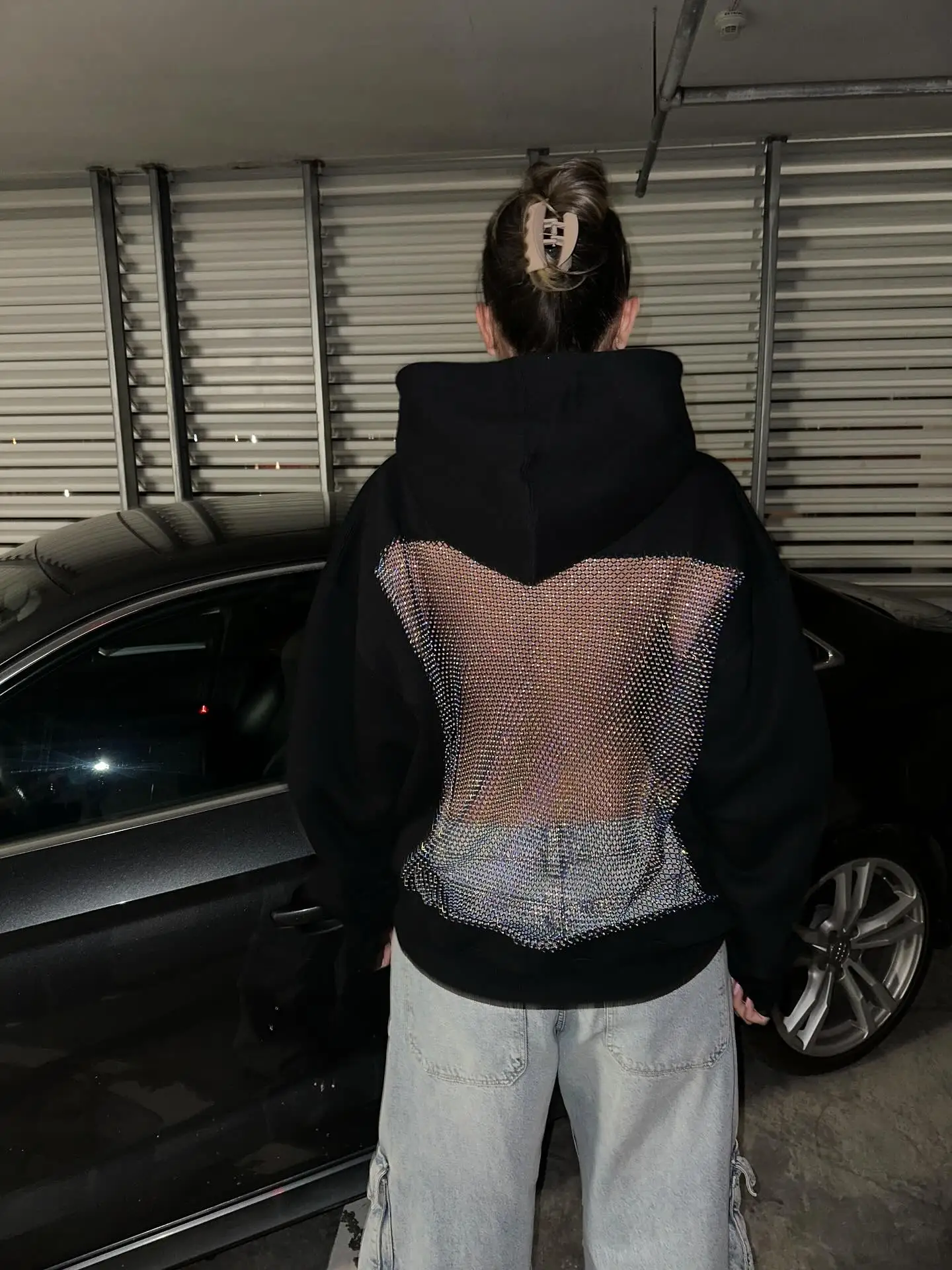 American Sexy Hot Sweetheart Hoodie with Open Back Y2K Clothes Womens Fashion Transparent Mesh Hoodie Pullover Jacket