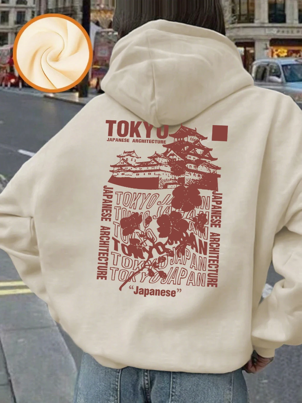 Japanese Tokyo Sakura Printing Hoodies Women Basics Loose Sweatshirt Winter Fleece Warm Pullover Street Casual Woman Clothes