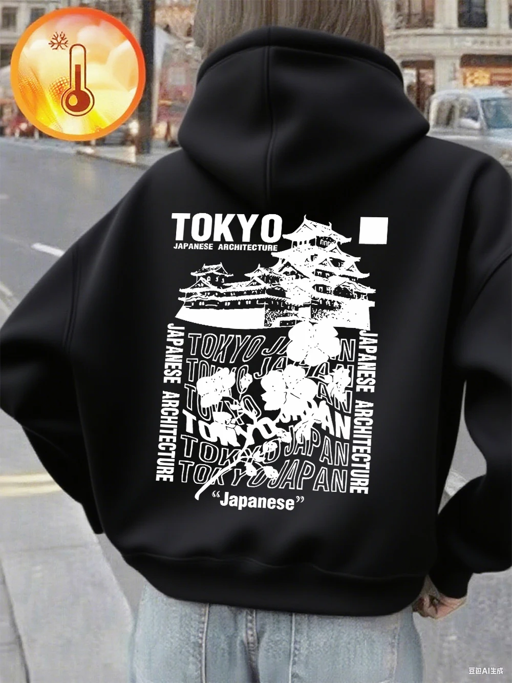 Japanese Tokyo Sakura Printing Hoodies Women Basics Loose Sweatshirt Winter Fleece Warm Pullover Street Casual Woman Clothes