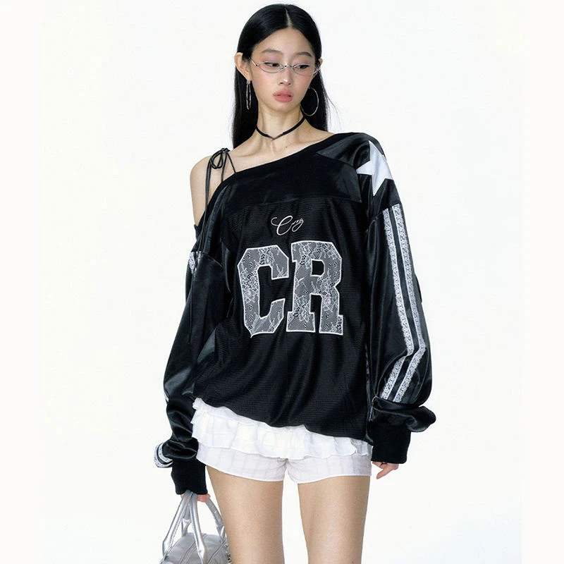 2026 Y2k Aesthetic Lace Letter Hoodie Women Skew Collar Bandage Streetwear Hoody Harajuku Oversized Casual Grunge Sweatshirt