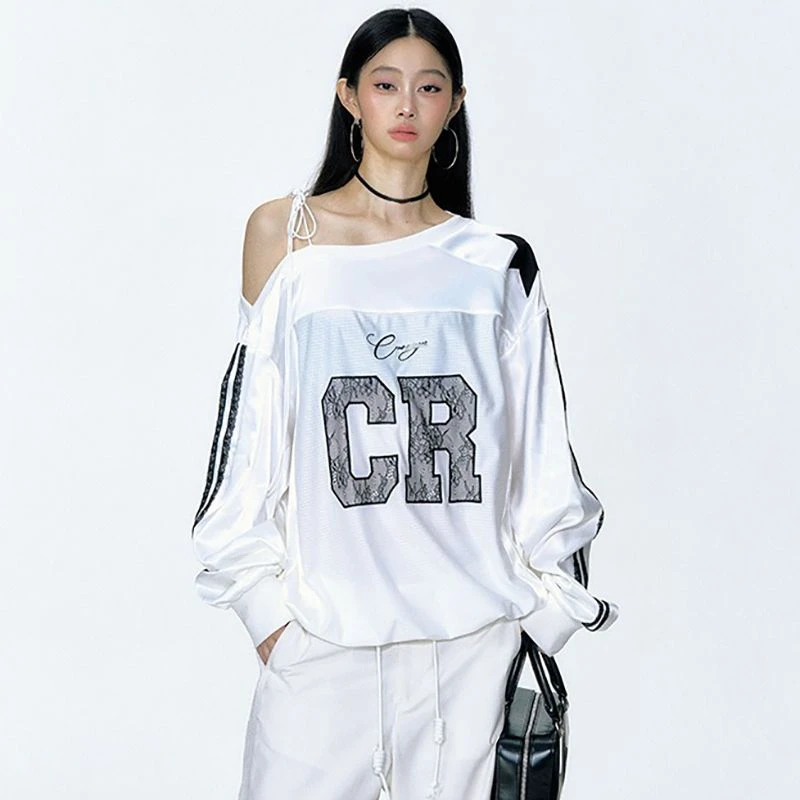 2026 Y2k Aesthetic Lace Letter Hoodie Women Skew Collar Bandage Streetwear Hoody Harajuku Oversized Casual Grunge Sweatshirt