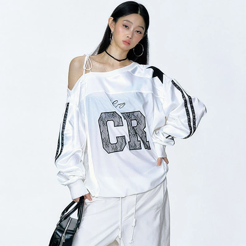 2026 Y2k Aesthetic Lace Letter Hoodie Women Skew Collar Bandage Streetwear Hoody Harajuku Oversized Casual Grunge Sweatshirt