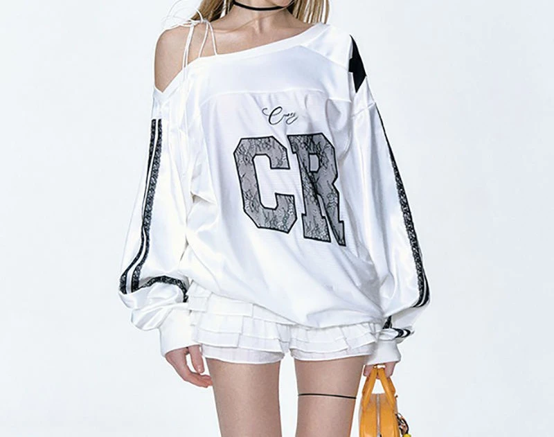 2026 Y2k Aesthetic Lace Letter Hoodie Women Skew Collar Bandage Streetwear Hoody Harajuku Oversized Casual Grunge Sweatshirt