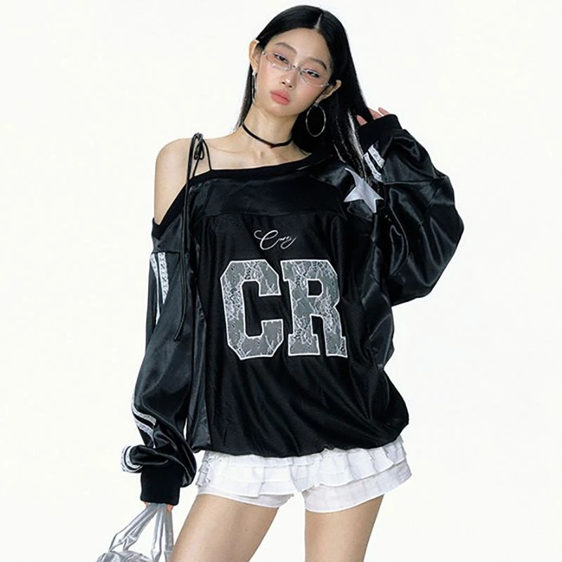 2026 Y2k Aesthetic Lace Letter Hoodie Women Skew Collar Bandage Streetwear Hoody Harajuku Oversized Casual Grunge Sweatshirt