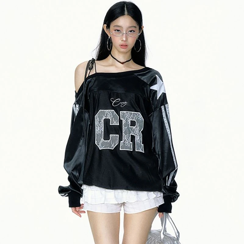 2026 Y2k Aesthetic Lace Letter Hoodie Women Skew Collar Bandage Streetwear Hoody Harajuku Oversized Casual Grunge Sweatshirt