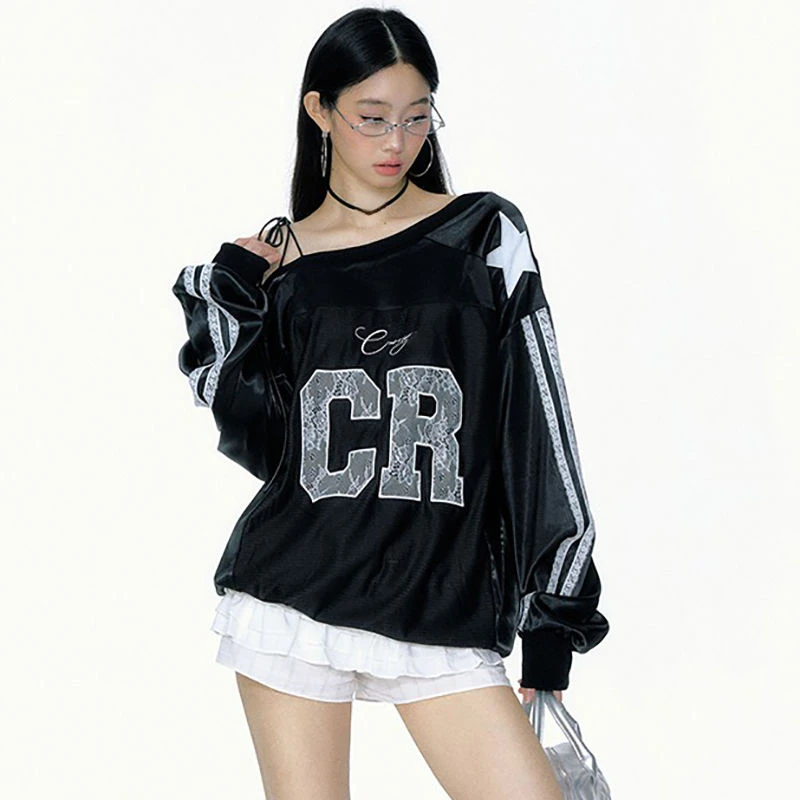 2026 Y2k Aesthetic Lace Letter Hoodie Women Skew Collar Bandage Streetwear Hoody Harajuku Oversized Casual Grunge Sweatshirt