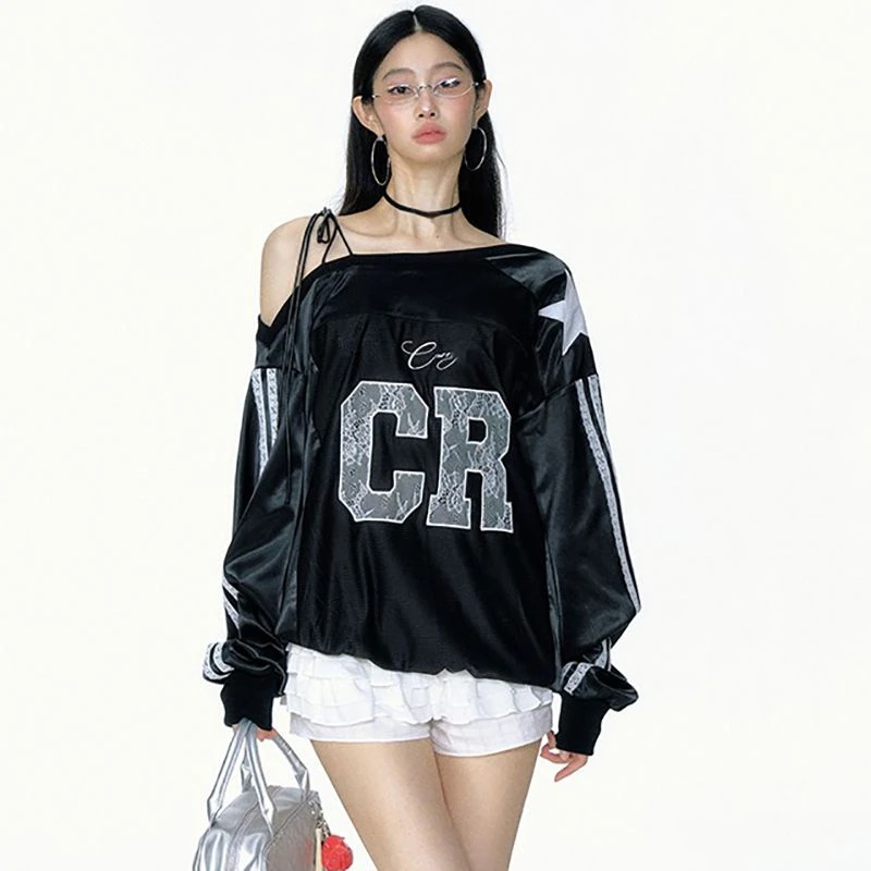 2026 Y2k Aesthetic Lace Letter Hoodie Women Skew Collar Bandage Streetwear Hoody Harajuku Oversized Casual Grunge Sweatshirt