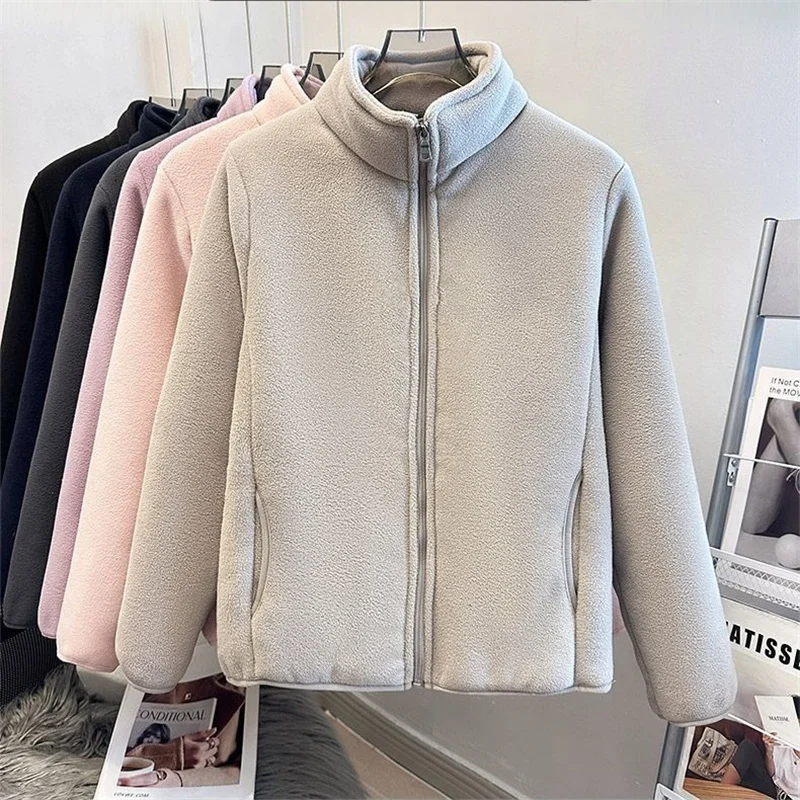 2026 Fashion Polar Fleece Sweatshirt Women's Stand-up Collar Short Coat Autumn Winter Zipper-up Thicken Jacket Lady Warm Tops