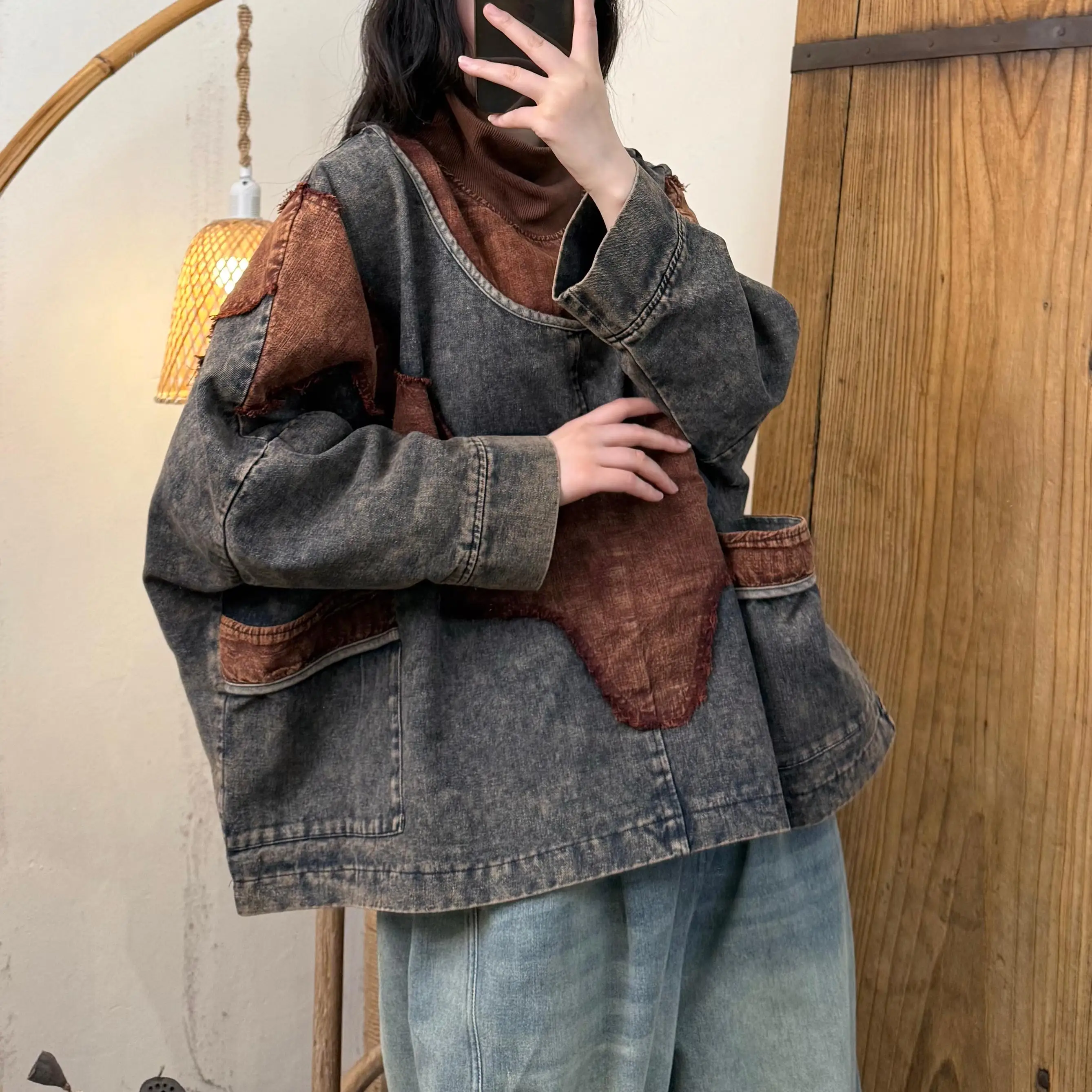 Spring Autumn New Arts Style Women Batwing Sleeve Turtleneck Pullovers Cotton Denim Vintage Patchwork Loose Hoodie Coat TH139