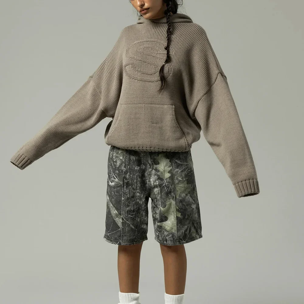 Casual loose S relief knitted hoodie ladies word knitted autumn winter hooded high street suit hooded hoodie sweatshirt