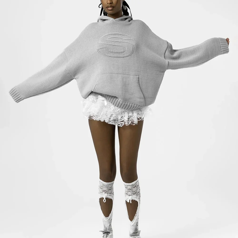 Casual loose S relief knitted hoodie ladies word knitted autumn winter hooded high street suit hooded hoodie sweatshirt