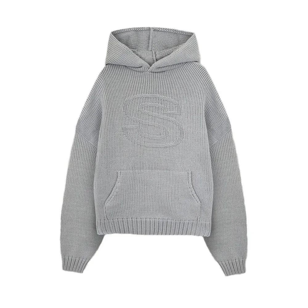 Casual loose S relief knitted hoodie ladies word knitted autumn winter hooded high street suit hooded hoodie sweatshirt