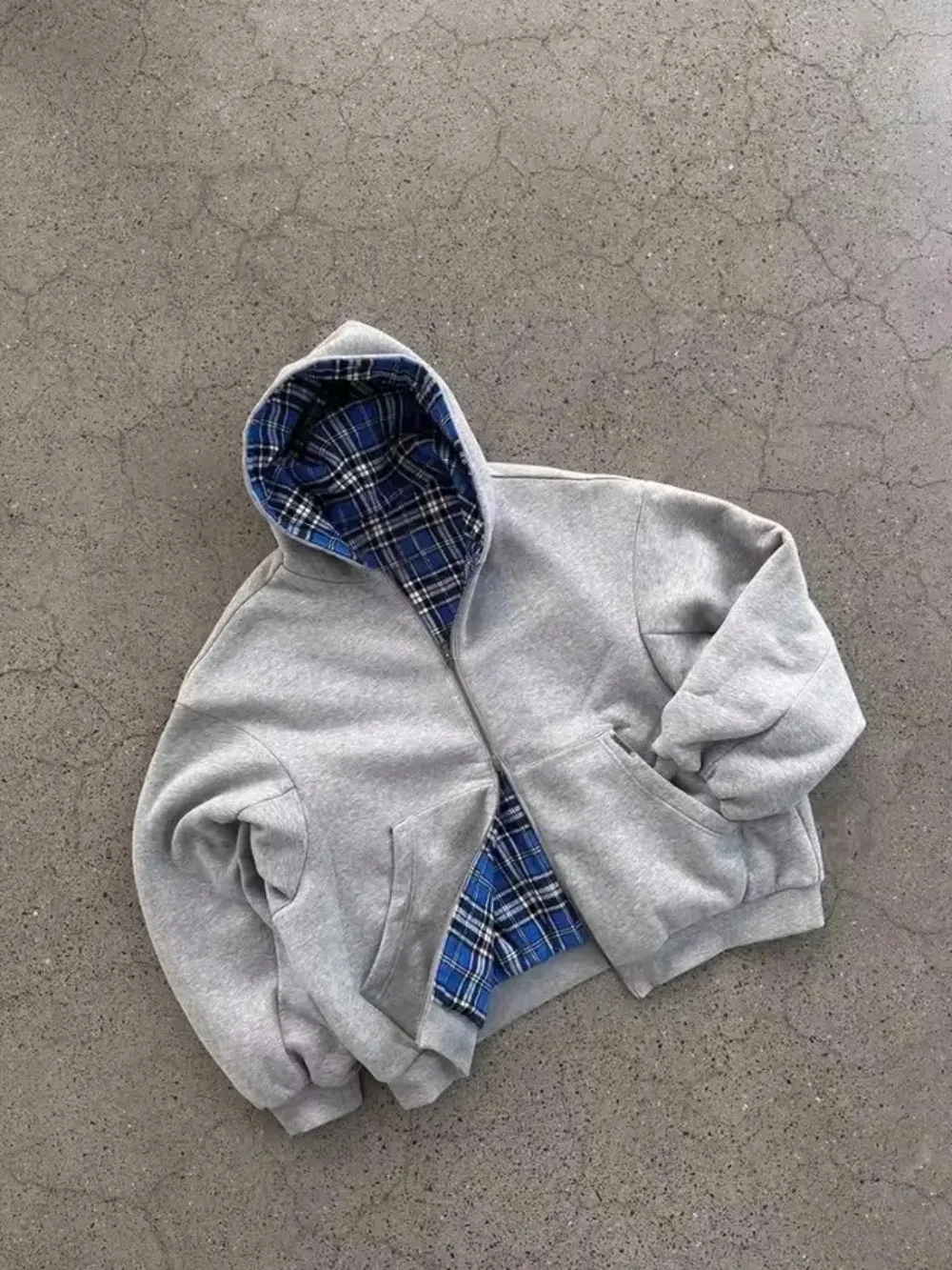 Y2K Grey Reversible Sweatshirt Harajuku Vintage Plaid Graphic Zipper Hoodie Gothic Casual Oversized Hoodie Mens Womens Clothes