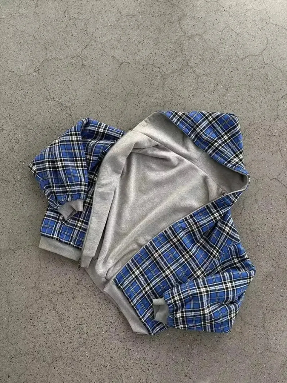 Y2K Grey Reversible Sweatshirt Harajuku Vintage Plaid Graphic Zipper Hoodie Gothic Casual Oversized Hoodie Mens Womens Clothes