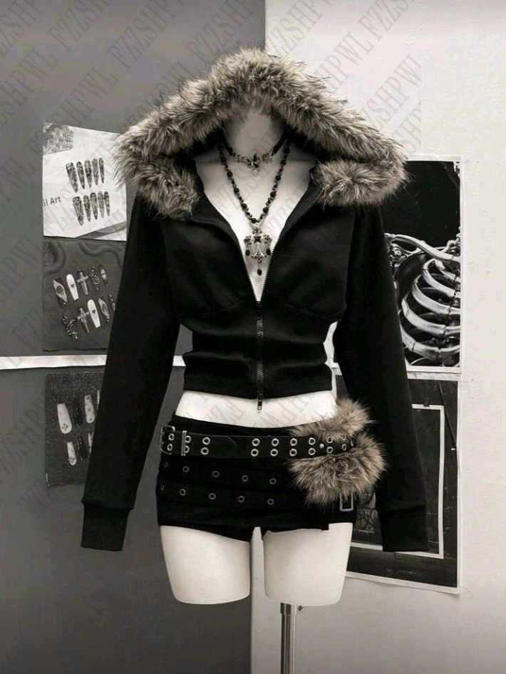 Plush Fashion Vintage Korean Coat Y2K Women Hooded Slim Clothing Aesthetic Classic Chic Surcoat Classic Long Sleeve Zip Hoodies