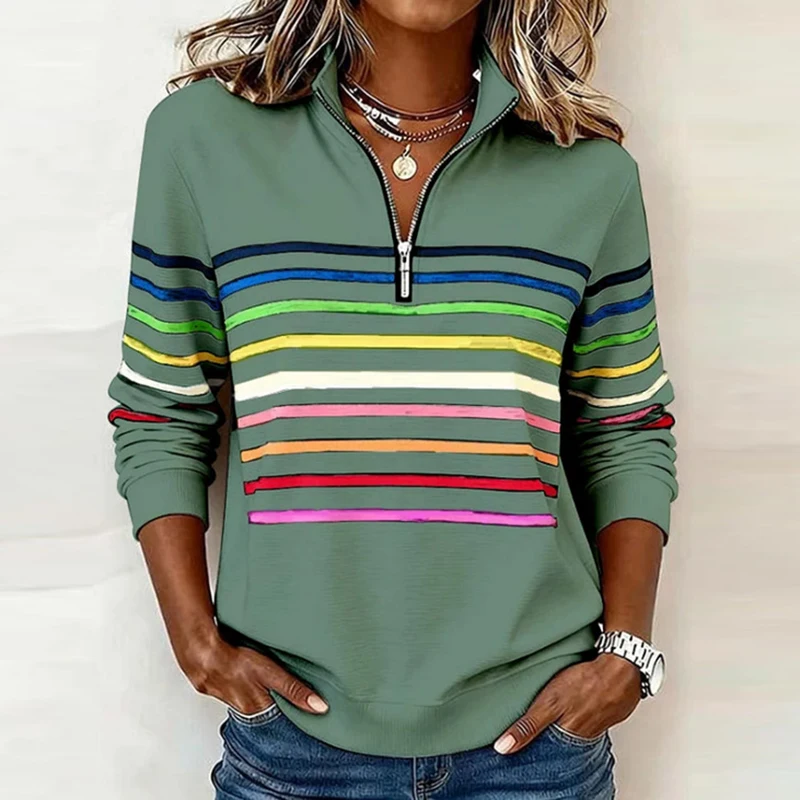 Autumn Winter Striped Rainbow Printed Sweatshirt Women Casual Long Sleeve Zipper Blouse Women Fashion Pullover Shirt