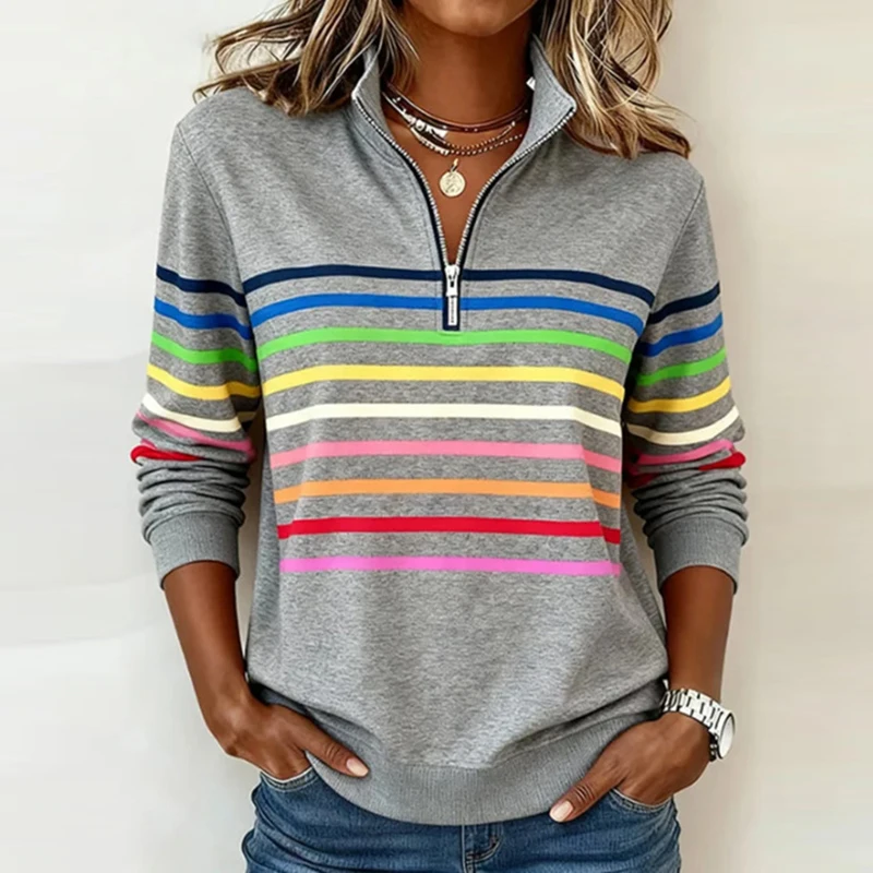 Autumn Winter Striped Rainbow Printed Sweatshirt Women Casual Long Sleeve Zipper Blouse Women Fashion Pullover Shirt