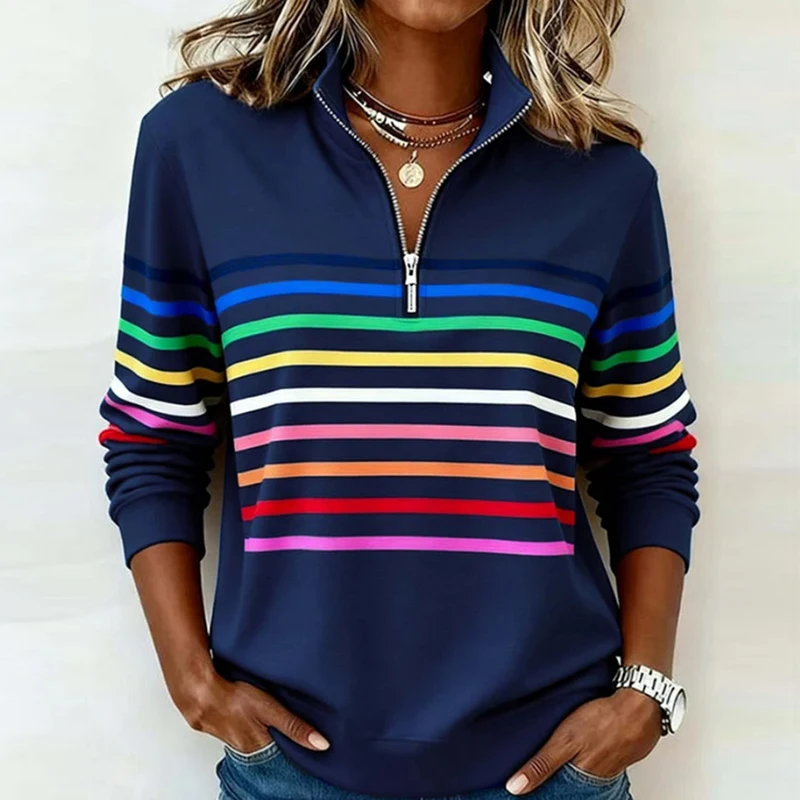 Autumn Winter Striped Rainbow Printed Sweatshirt Women Casual Long Sleeve Zipper Blouse Women Fashion Pullover Shirt