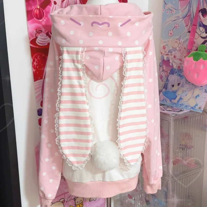 Japanese Kawaii Lolita Zipper Hoodies Women Sweet Pink Stripe Rabbit Ears Hooded Coats Grunge Hoody Y2k Strawberry Sweatshirts