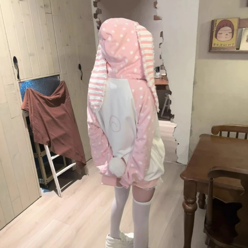 Japanese Kawaii Lolita Zipper Hoodies Women Sweet Pink Stripe Rabbit Ears Hooded Coats Grunge Hoody Y2k Strawberry Sweatshirts