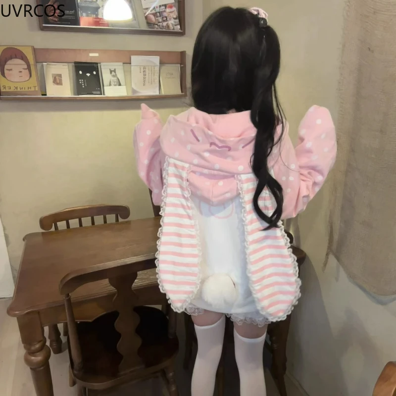 Japanese Kawaii Lolita Zipper Hoodies Women Sweet Pink Stripe Rabbit Ears Hooded Coats Grunge Hoody Y2k Strawberry Sweatshirts