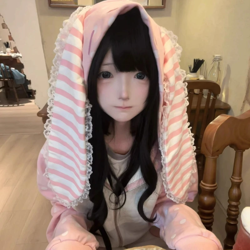 Japanese Kawaii Lolita Zipper Hoodies Women Sweet Pink Stripe Rabbit Ears Hooded Coats Grunge Hoody Y2k Strawberry Sweatshirts