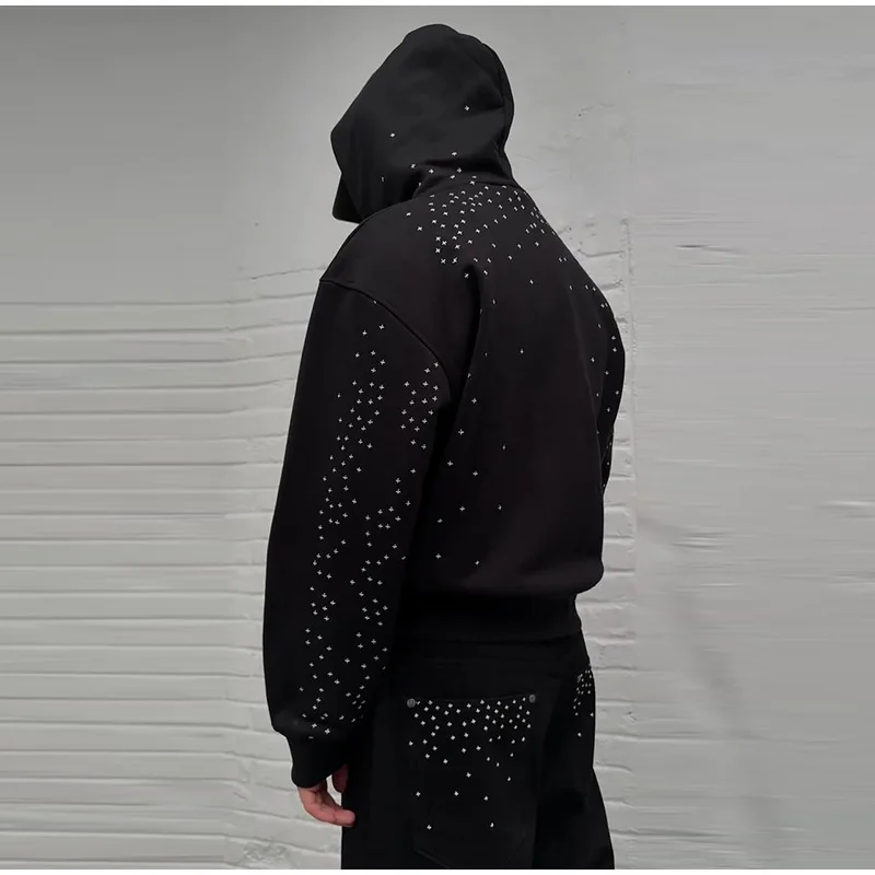 Chic Unisex Starry Sky Rhinestone Hoodie Women Modern Padded Shoulder Zipper Long Sleeve Jacket Street Casual Lady Sweatshirt