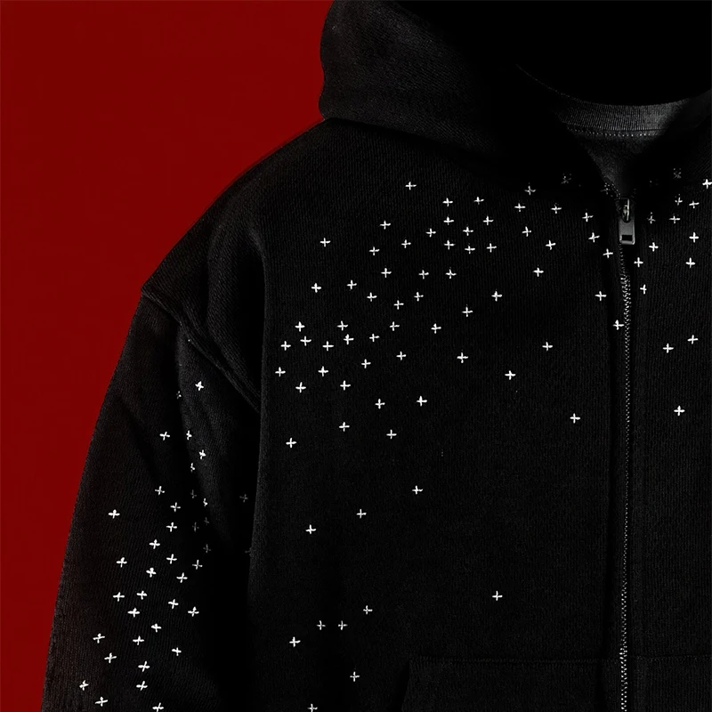 Chic Unisex Starry Sky Rhinestone Hoodie Women Modern Padded Shoulder Zipper Long Sleeve Jacket Street Casual Lady Sweatshirt